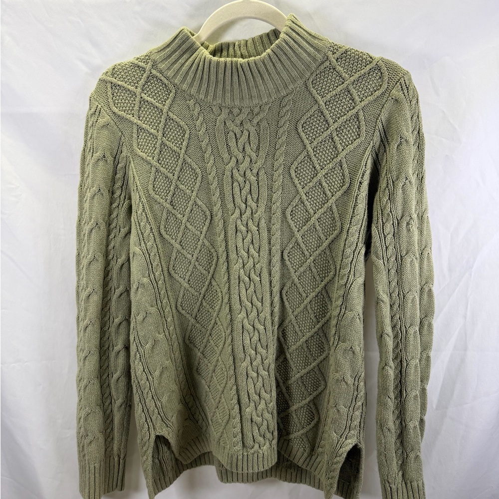 Jeanne Pierre Sweater Womens Medium Green Cable Knit Mock Neck